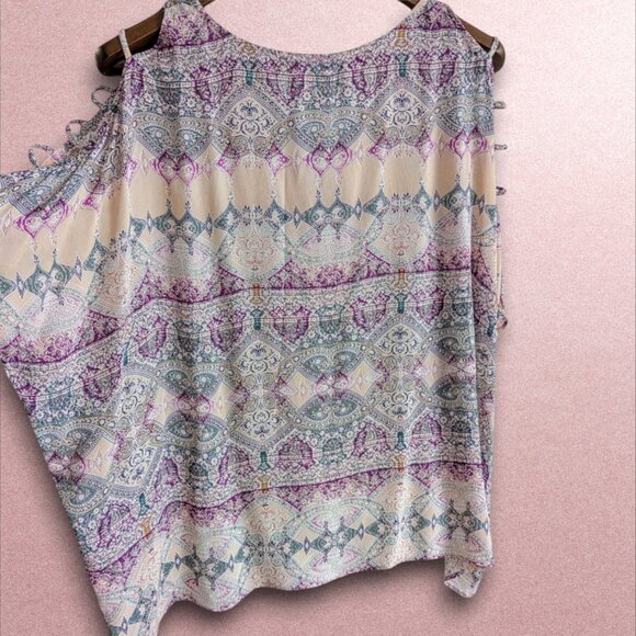 Lavender Brown NWOT XS Boho Kaftan V-Neck Blouse Sleeve Cutouts Purple Teal - Picture 5 of 6